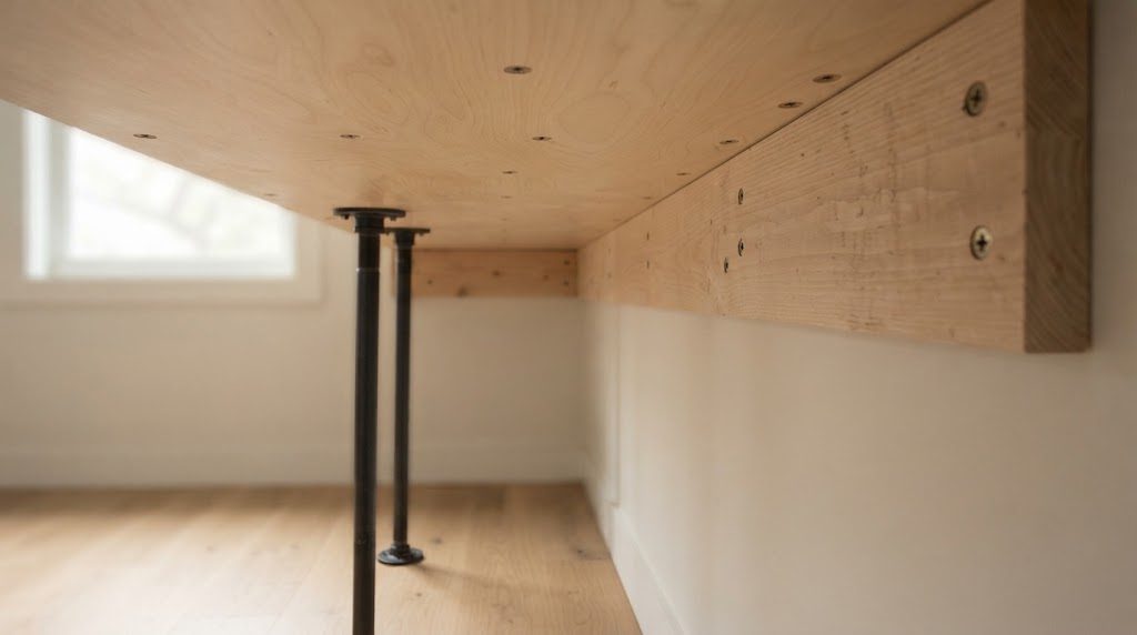 Underside of a wall-to-wall desk showing rear wall cleat and steel pipe leg attachment