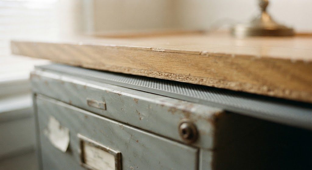 The $47 Desk: Hollow-Core Door Supported by Filing Cabinets Rubber shelf liner between a hollow-core door and a metal filing cabinet used as a desk support