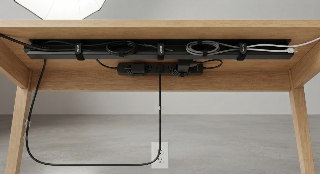 Under-desk cable tray holding a power strip and coiled cables, one cord dropping to floor