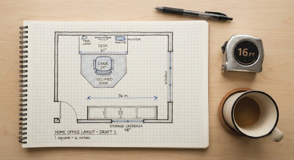 Hand-drawn home office floor plan with desk, chair zone, and walkway marked
