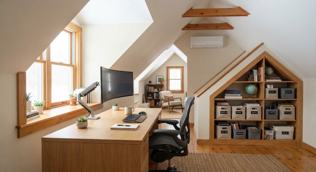 Attic office with desk under dormer, knee-wall shelving, and mini-split unit on the wall