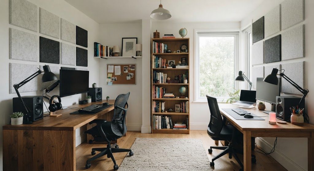 Shared home office with back-to-back desks and a bookshelf room divider