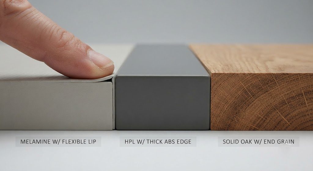 Laminate vs Veneer vs Solid Wood: Desk Edge Comparison Close-up comparison of melamine, HPL, and solid wood desk edge profiles