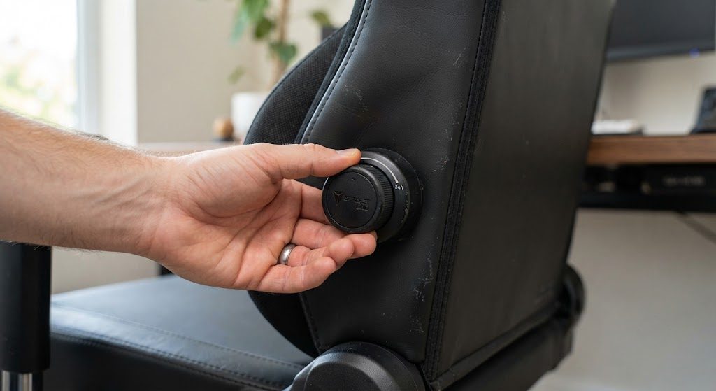 Secretlab Titan Evo lumbar adjustment knob and internal mechanism pressing into backrest