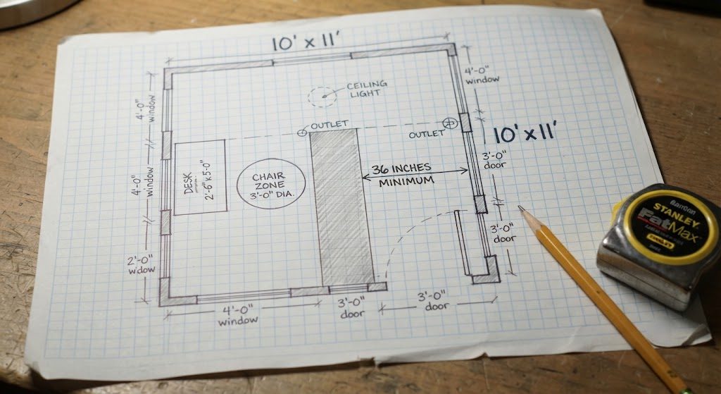 Hand-drawn floor plan with room dimensions, door swing arc, and walkway labeled 36 inches
