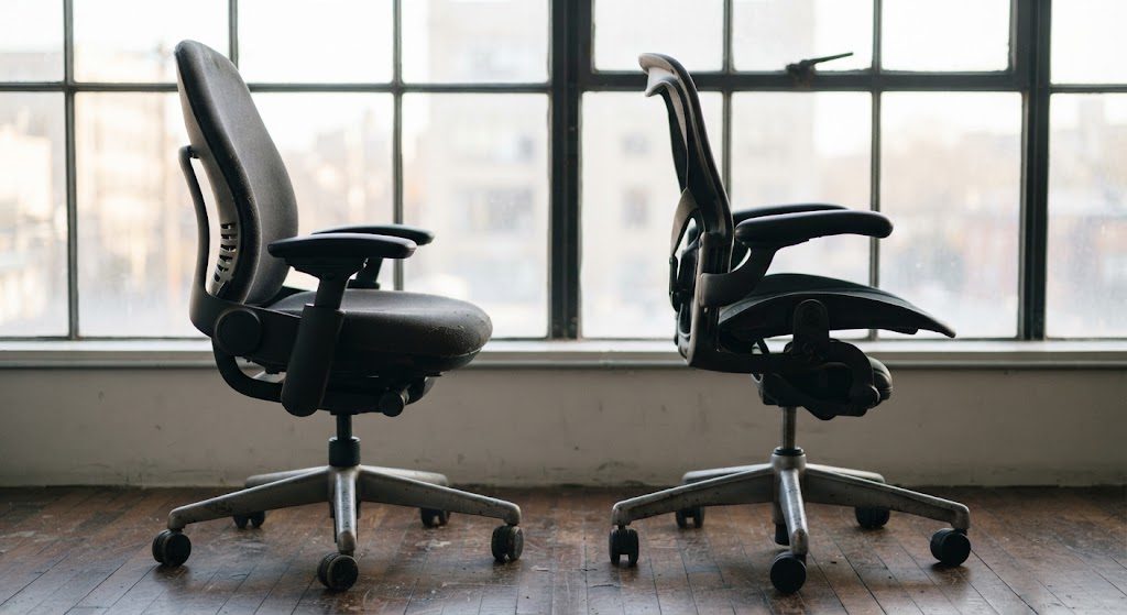 Steelcase Leap V2 and Herman Miller Aeron side by side, showing profile silhouettes