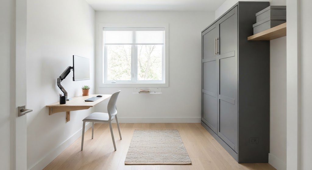 Spare bedroom with Murphy bed folded up and wall-mounted desk on opposite wall