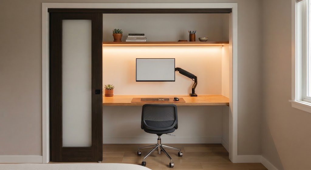 Closet Office Conversion: 32 Square Feet of Functional Workspace Converted closet office with full-width desk, wall-mounted monitor arm, and under-shelf lighting