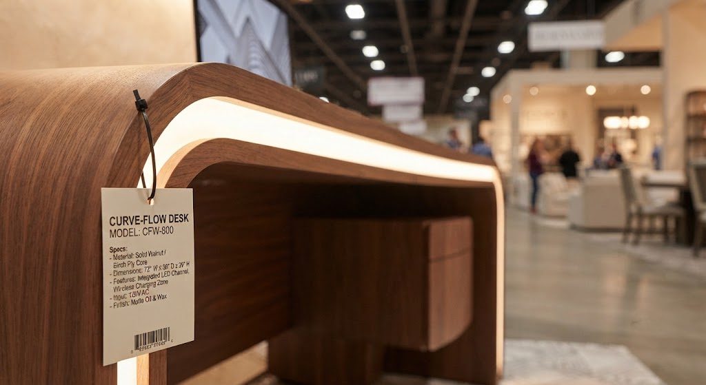 Curved desk with integrated LED task lighting at High Point Market trade show