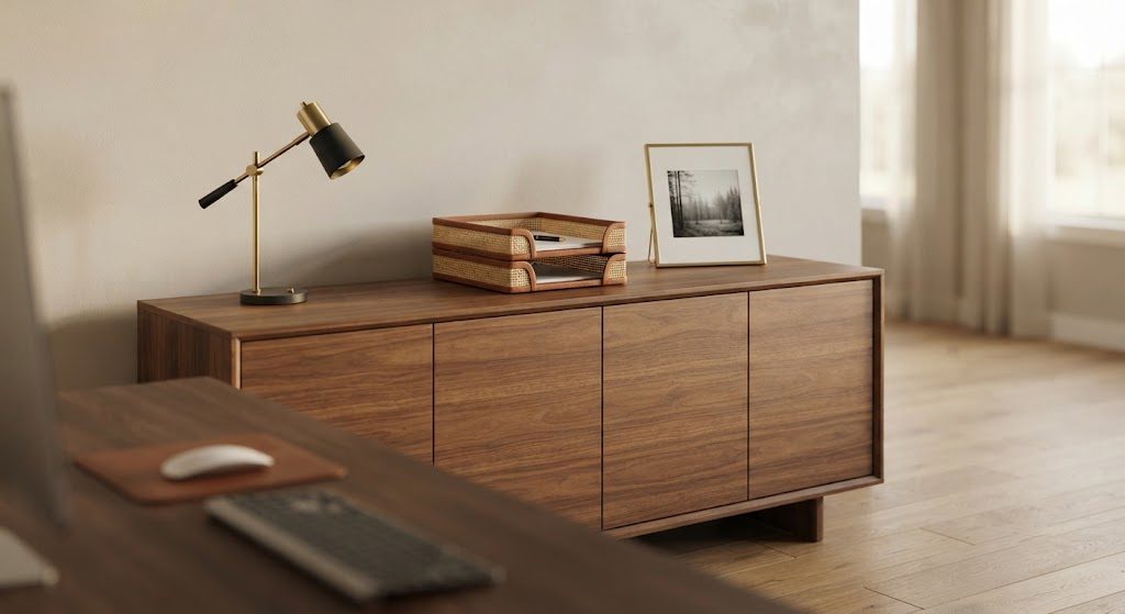 Credenza as Home Office Storage: Hidden Clutter, Clean Surface Closed-door credenza behind a desk, holding a lamp and stacked trays on top