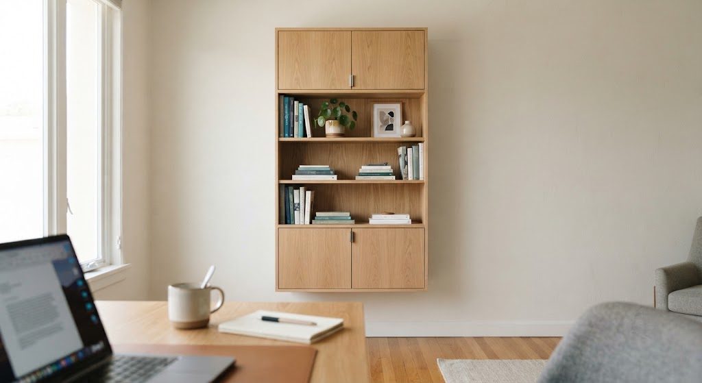 Hybrid storage unit with open shelving center and closed cabinets above and below