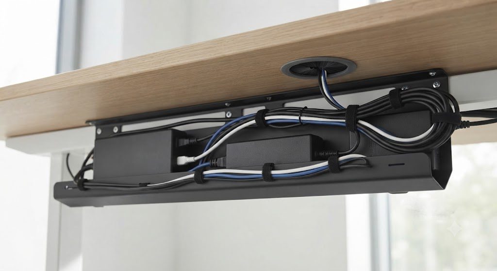 Cable Routing Decision: Underside Tray with Power Bricks Underside of a desk with a cable tray holding power bricks and routed cables
