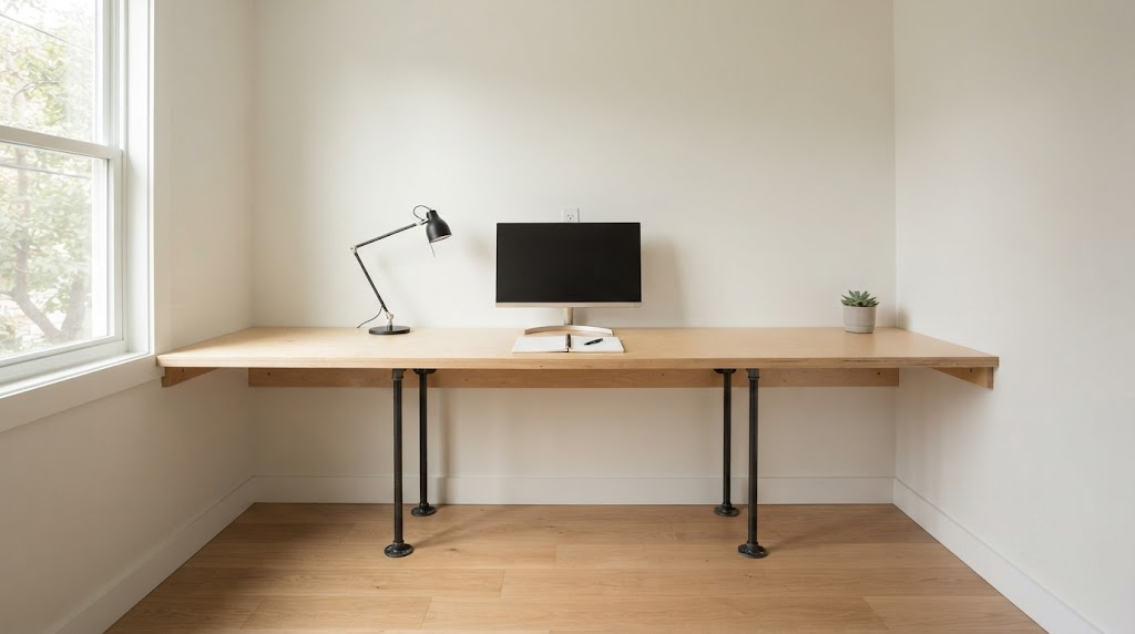 Building a Wall-to-Wall Desk from Plywood and Steel Pipe — Full Materials List and Cut Sheet