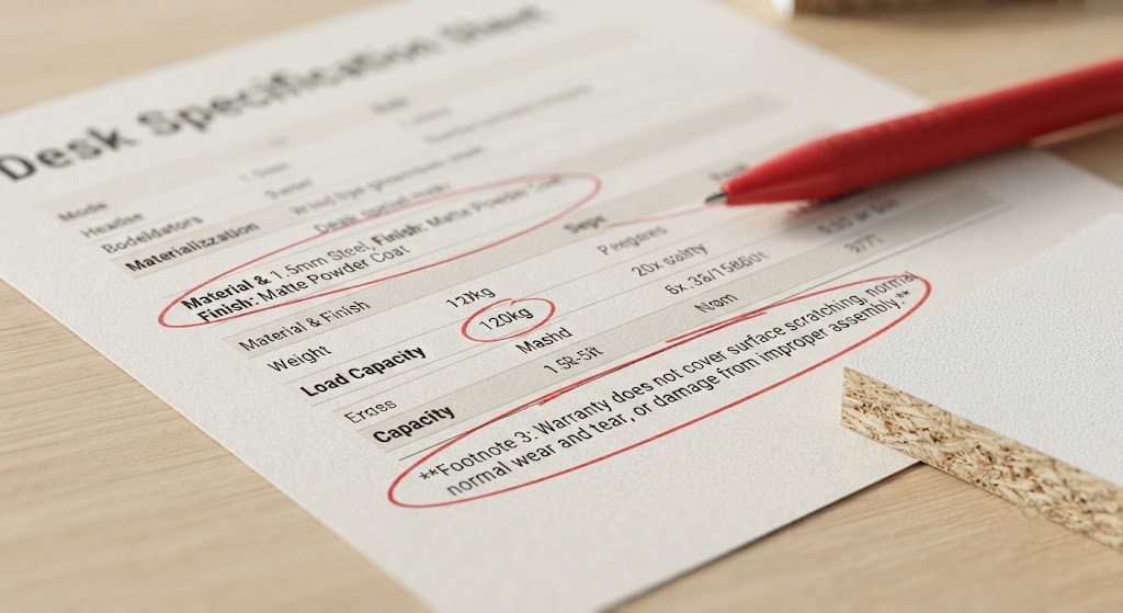 How to Read a Desk Spec Sheet: Material, Weight, Warranty Red-annotated desk spec sheet showing material section and weight capacity circled