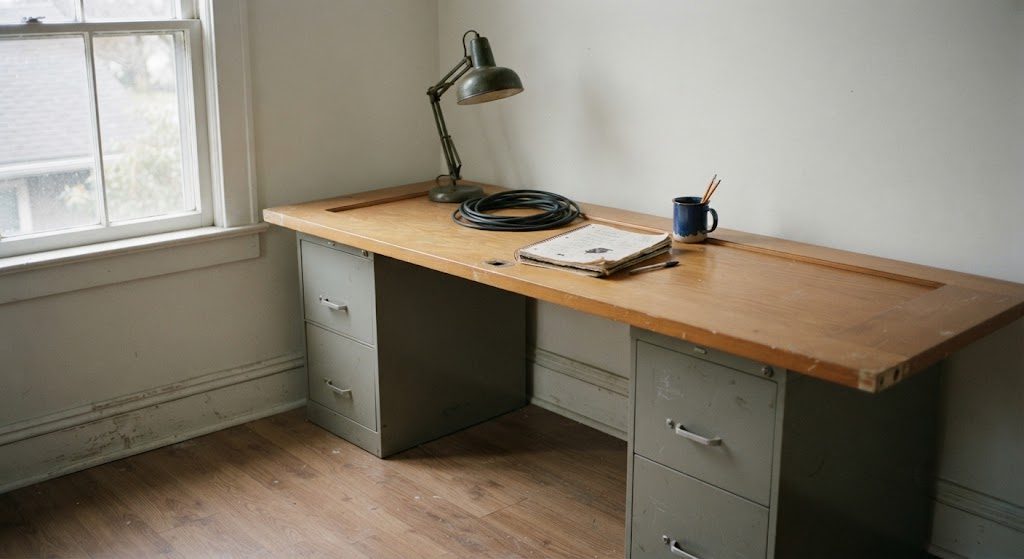 My First Desk: Hollow-Core Door on Filing Cabinets Hollow-core door on two filing cabinets used as a first home office desk