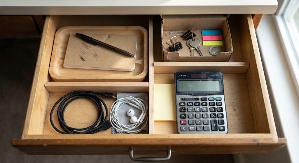 Open desk drawer with adjustable dividers organizing daily-use office supplies