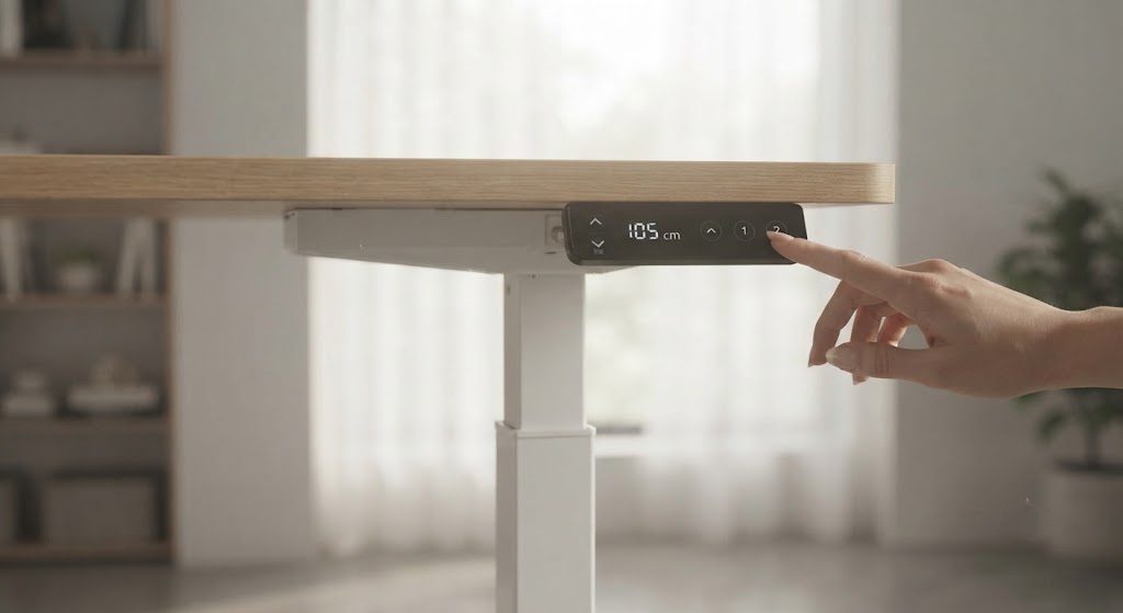 Standing Desk Frame: Programmable Height Adjustment in Use Electric standing desk leg with programmable height controller