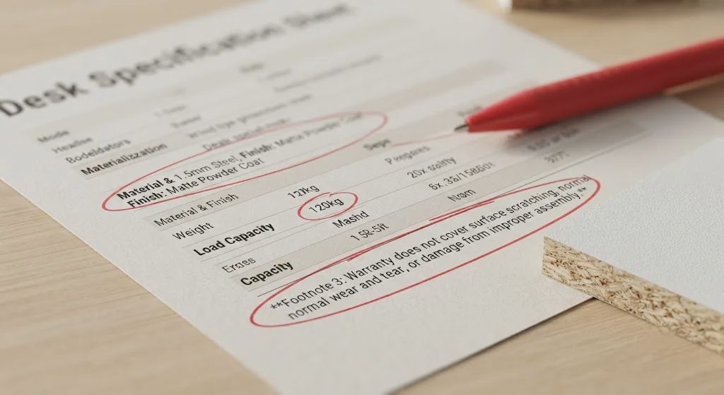 Red-annotated desk spec sheet showing material section and weight capacity circled