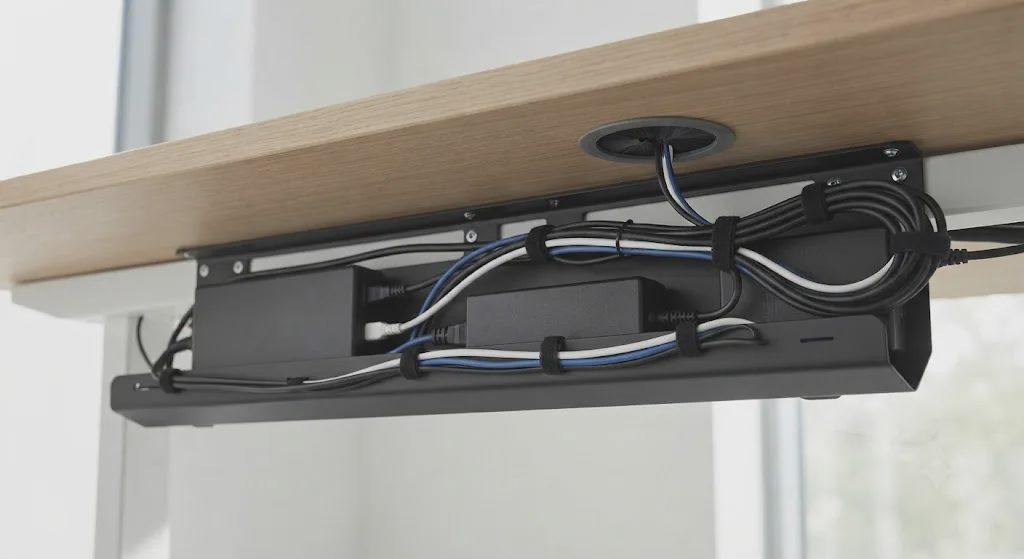 Underside of a desk with a cable tray holding power bricks and routed cables